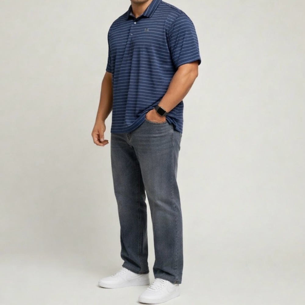 SOLD Under Armour Playoff Polo Loose Fit XXL Navy Blue Gray Stripe Golf Shirt